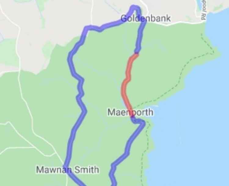 Red line, section subject to closure. Blue, diversion.