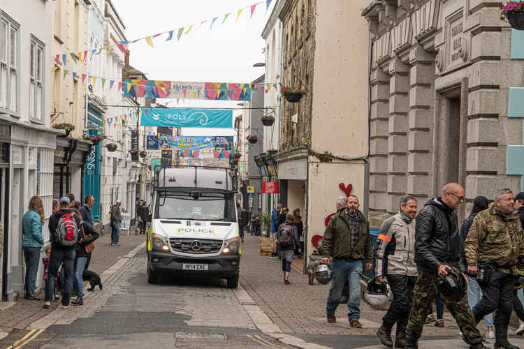 Police roll into Falmouth ahead of the G7. Photo taken by Kathy White.