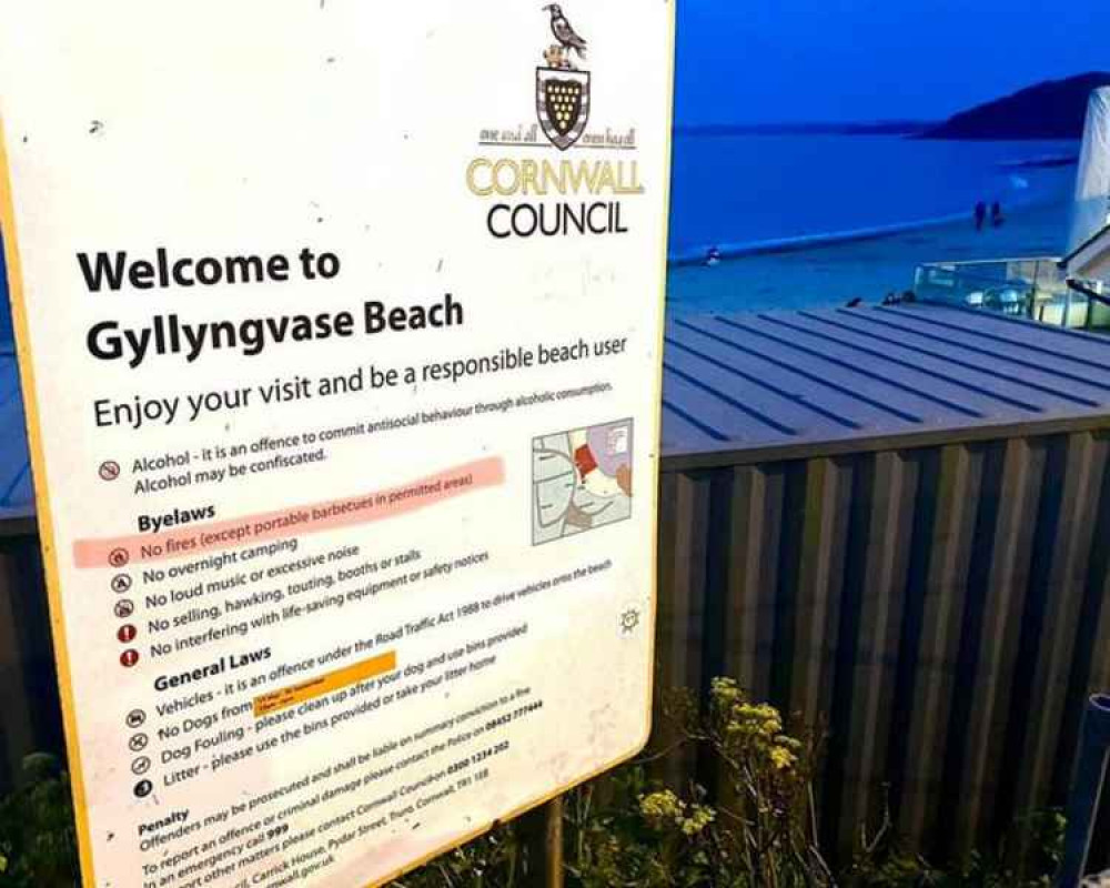 Signage at Gylly Beach.