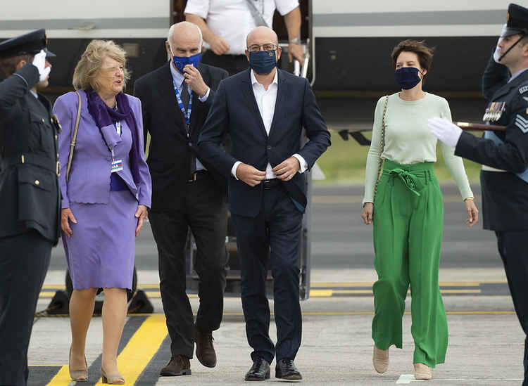 President of the European Council Charles Michel and his partner Amélie Derbaudrenghien arrive at Cornwall Airport Newquay ahead of the G7 summit in Cornwall. Credit: Doug Peters/G7 Cornwall.