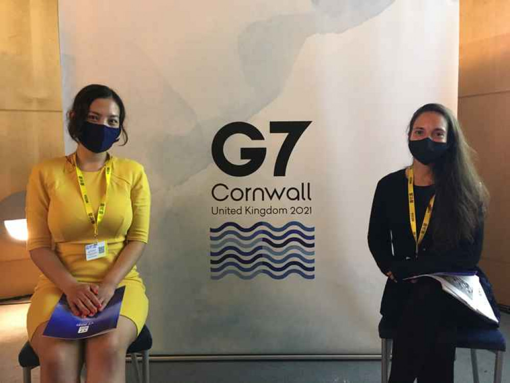 Akanshya Gurung, Head of Media for the Youth 7 2021 Taskforce, and Sophie Daud, Chair of Youth 7, speaking at the G7 in Falmouth (Image: LDRS/Richard W)