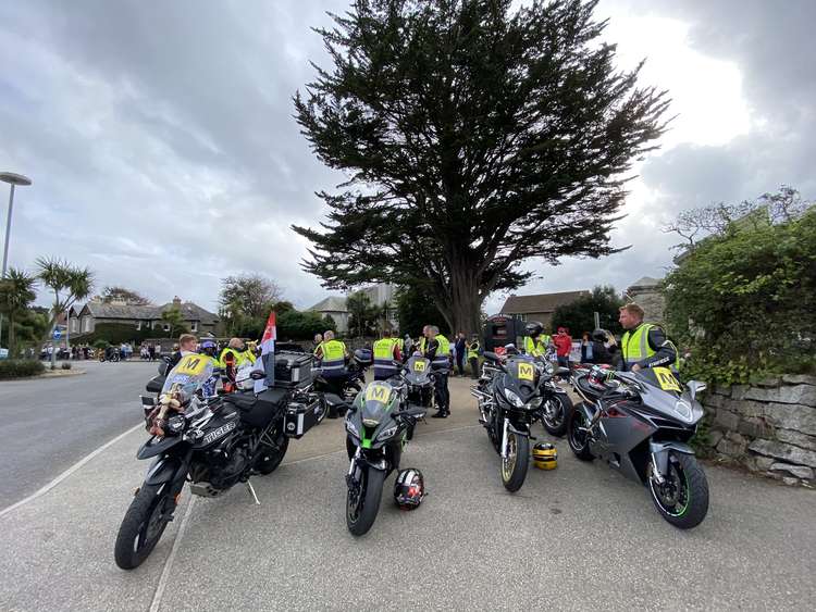 The motorcyclists arrive at the finish, Recreation Ground Falmouth.