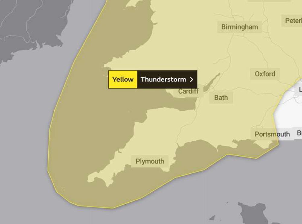 The Met Office has issued a weather warning for thunderstorms in Falmouth tomorrow.