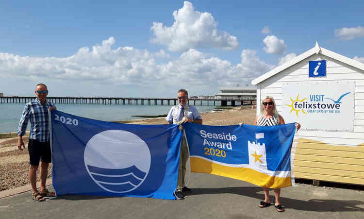 Town councillor Seamus Bennett, Mayor Mark Jepson and Clare Baker (Felixstowe Forward)