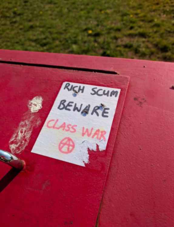 An anarchist sticker found in Plymouth Park in March 2019 (Photo credit: Laura Seymour)