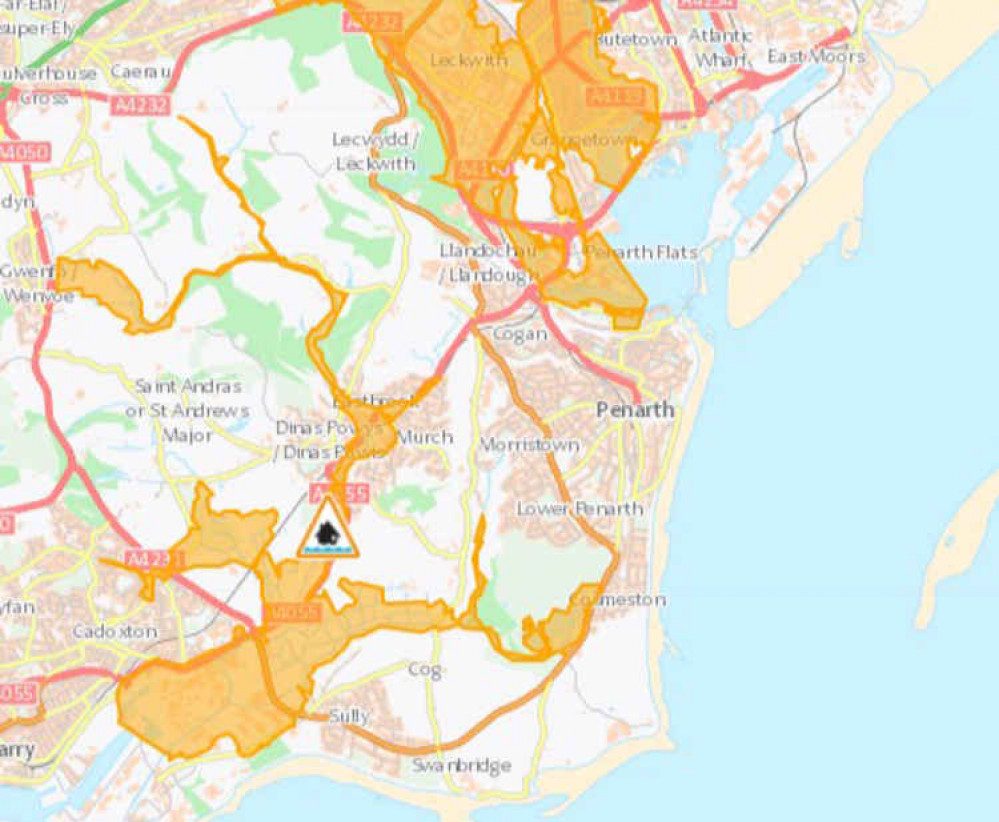 Map via Natural Resources Wales showing areas with potential flooding risk