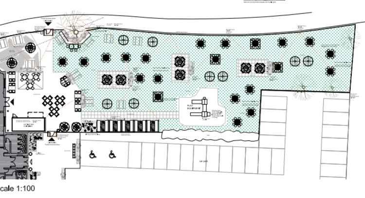 The proposed beer garden layout. The shipping container bar would be placed towards the entrance (bottom left).