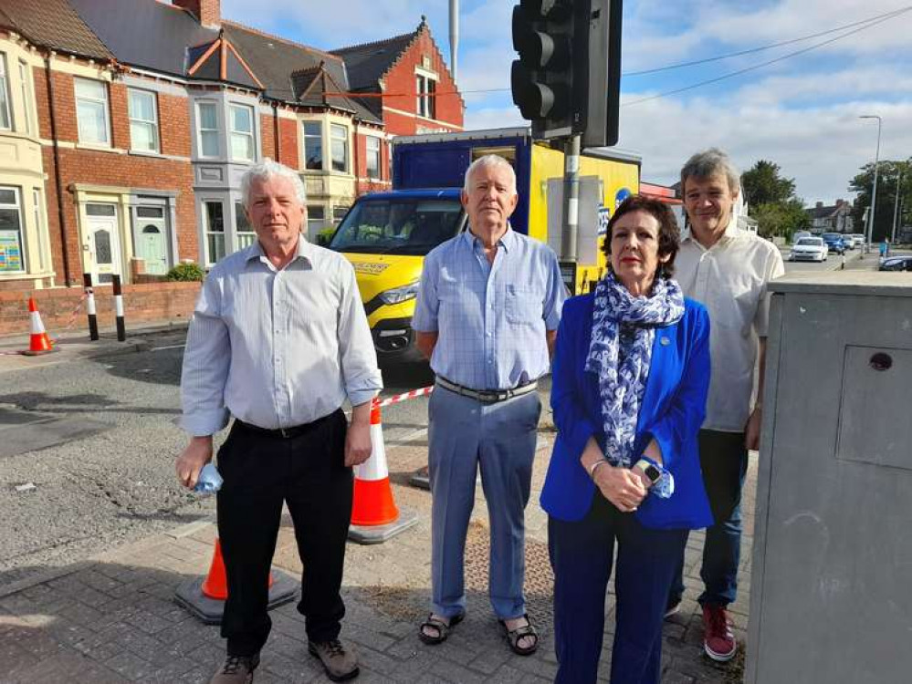 Here's local Plaid community councillors at the crossing; Chris Franks, Keith Hatton, Anne Asbrey and Richard Grigg [Left to right]