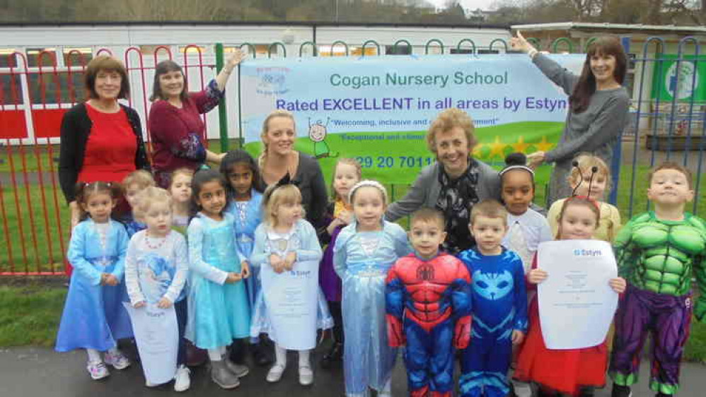 Pupils at Cogan Nursery with former headteacher Pauline Rowland in 2019. The post has been vacant since August this year