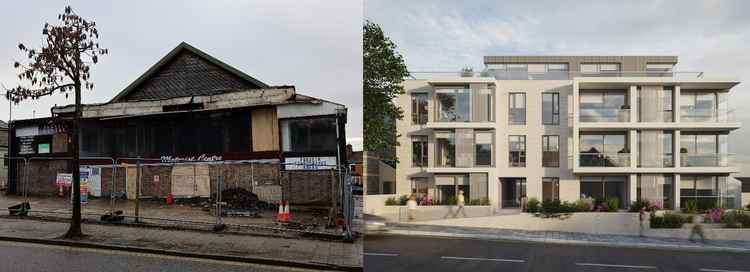 The former Monty Smith site compared to the apartment complex planned for the site