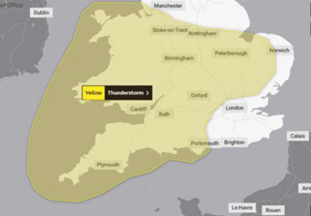 The Met Office has issued a weather warning for thunderstorms in Penarth tomorrow