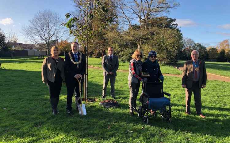 Left to right - Mrs Julie Jepson, Cllr Mark Jepson, Cllr Darren Aitchison, Diane and Joan Rich,  Cllr Keith Robinson, Chairman of East Suffolk Council.