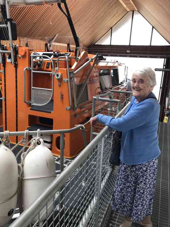 Myrt looks over the All Weather Lifeboat R & J Welburn during her tour