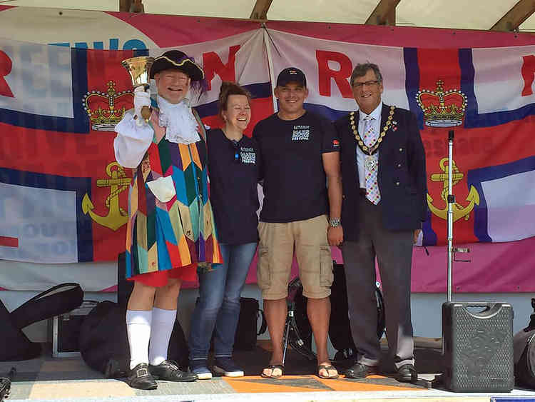 Maer Rocks : Town Mayor opens the event – L-R, Roger Bourgein, Town Crier; Ellie Walker, RNLI Community Fundraising Manager; Volunteer Crew Charlie Allen, Event Organiser and Exmouth Town Mayor Steve Gazzard.