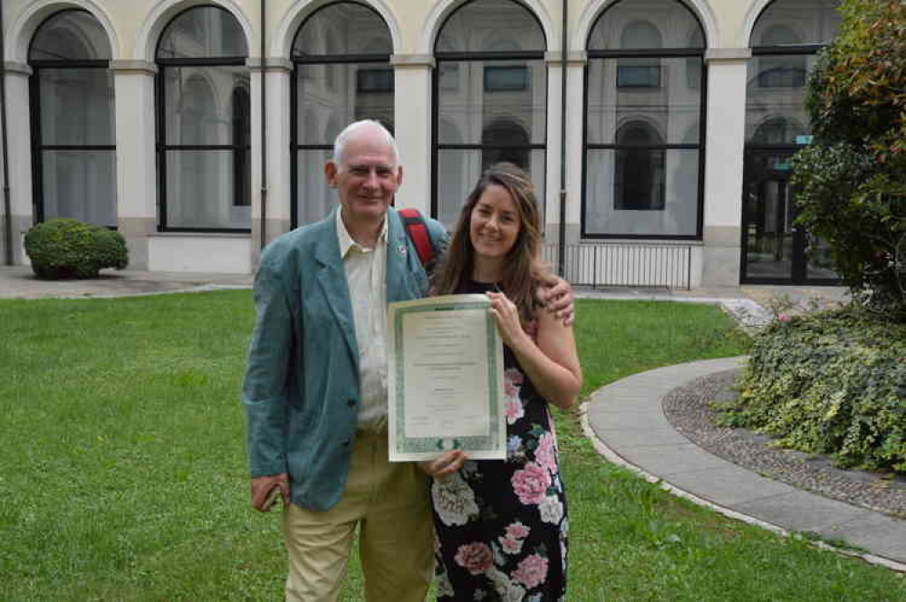 Adrian Toole and Vicky Toole in Milan with the degree diploma.