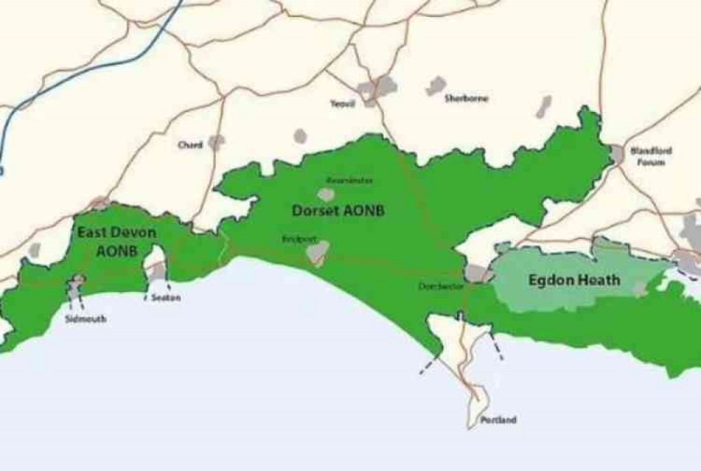 A map of the current AONBs in East Devon and Dorset.