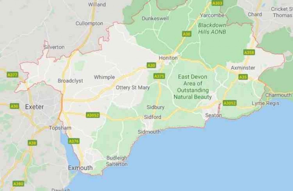 A map of East Devon. Image courtesy of Google.