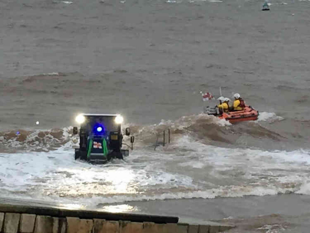 Exmouth Inshore Lifeboat George Bearman II launches to recover the drifting boat. Photo : Chris Sims RNLI