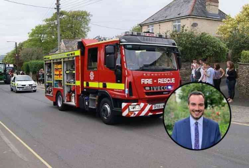 A Devon and Somerset Fire and Rescue Service fire engine (Inset: East Devon MP - Simon Jupp). Main image courtesy of Harry Moon.