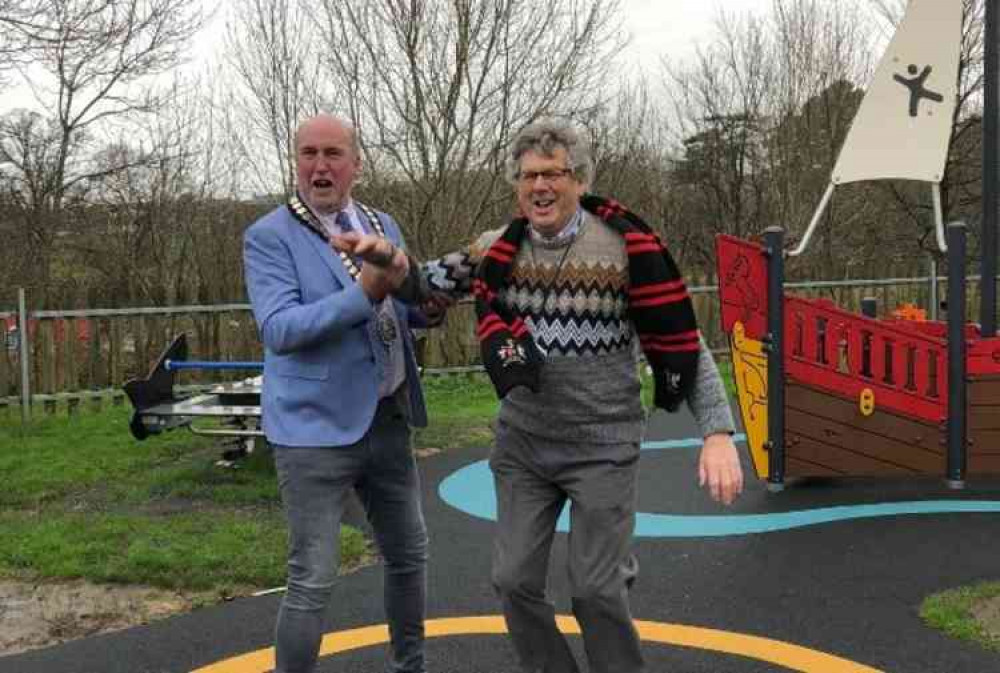 Cllr Stuart Hughes (left) and Cllr Steve Gazzard (right)(ward member for Exmouth Withycombe Raleigh) try out the trampoline