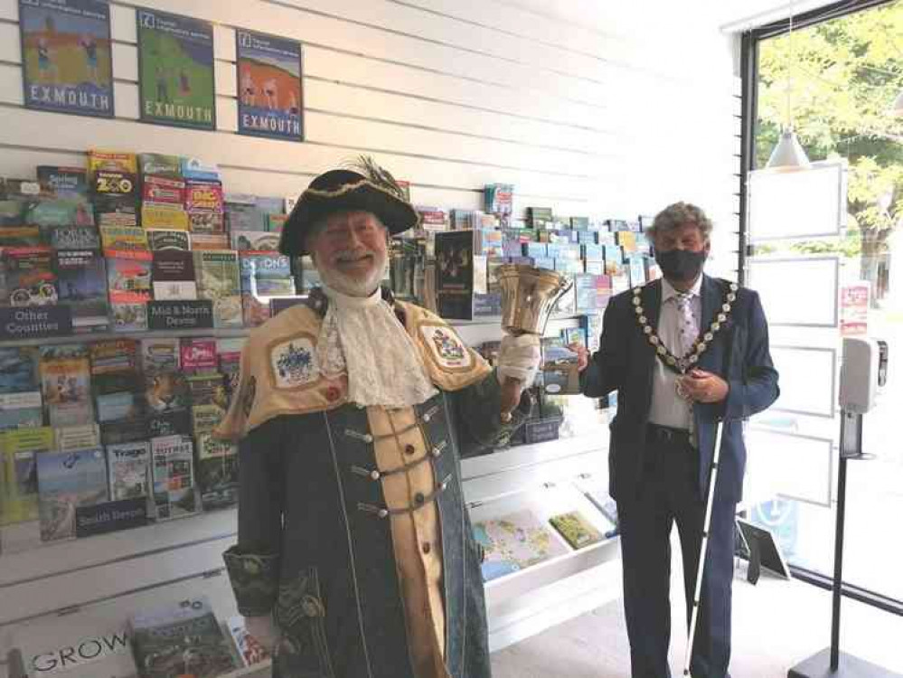 (L to R) Exmouth town crier Roger Bourgein and the town's mayor Steve Gazzard at the reopening of Exmouth's Tourist Information Office. Picture courtesy of Exmouth Town Council.