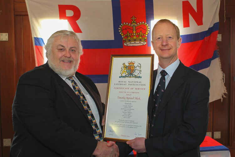 Tim Mock receives his RNLI Certificate of Service