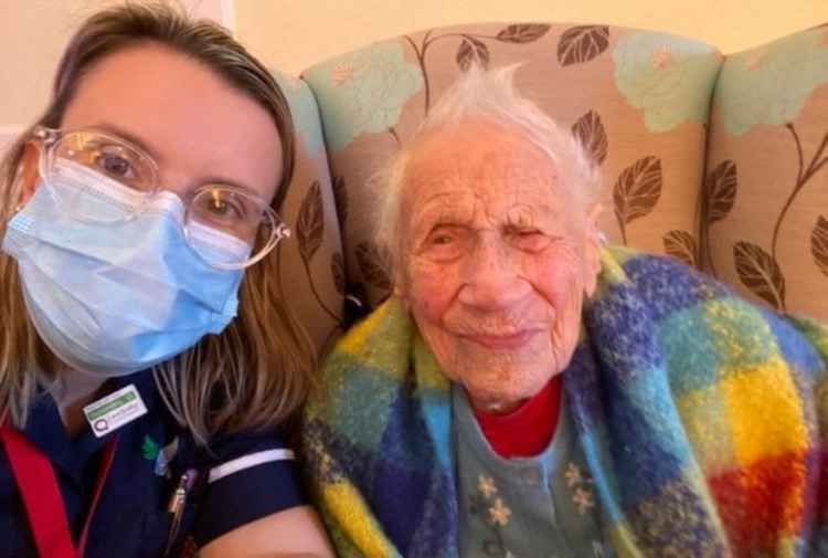 Sam with 108-year-old Topsy, Christmas 2020