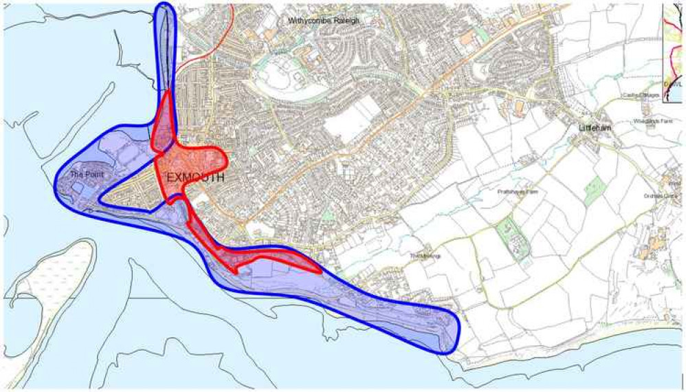 Image: (Red) Areas currently affected by the public space protection order. (Blue) proposals for extending the order. Credit: East Devon District Council