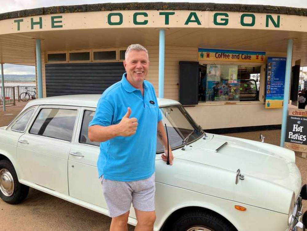 David Freer, the new owner of the Octagon on Exmouth seafront with his Austin 1800 his grandmother bought him in 1979