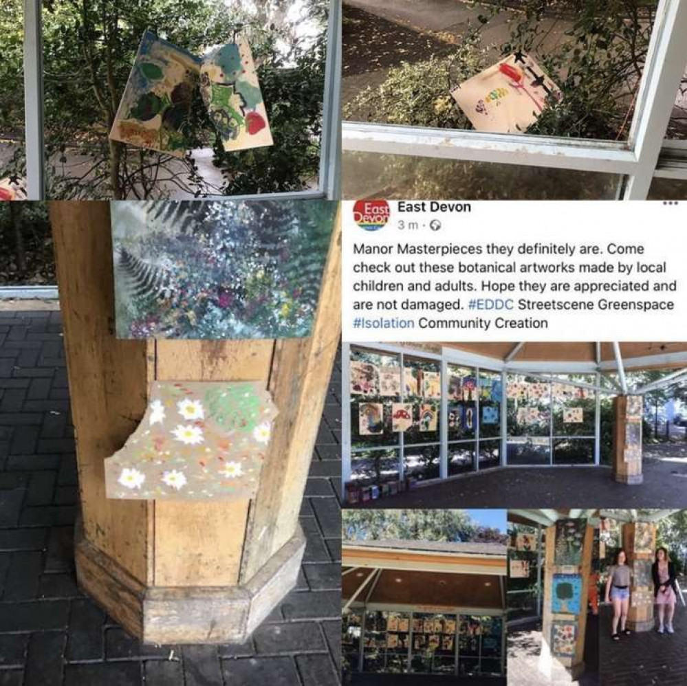 East Devon District Council Instagram post showing artwork before and after vandalism, including paintings apparently torn and taken down