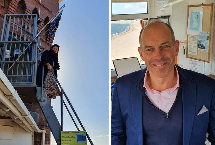 L: Kirstie Allsopp on the stairs outside Coastwatch House. R: Phil Spencer inside while having a tour. Credit: NCI Exmouth