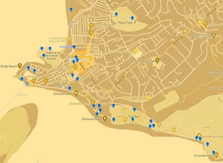 A map of Exmouth showing the locations of the stones. Credit: The Manor Hotel