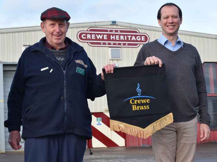 Gordon Heddon, Chairman, Crewe Heritage Centre, and Matt Pithers, Musical Director, Crewe Brass in front of Exhibition Hall at Crewe Heritage Centre