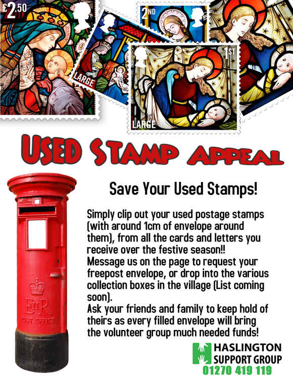 Collect used stamps to donate to Haslington Support Group