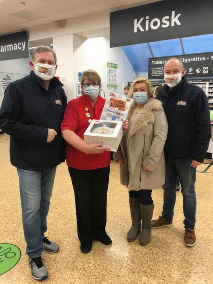 Angela Leighton is pictured after receiving her award with Chris Cadman (Cat MD), Gill Clark (Baked by Gill) and Dave Foulkes (presenter at The Cat).