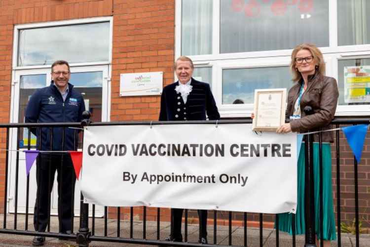 Dr Andrew Wilson (left) with the High Sheriff and Clare Watson of Cheshire CCG.