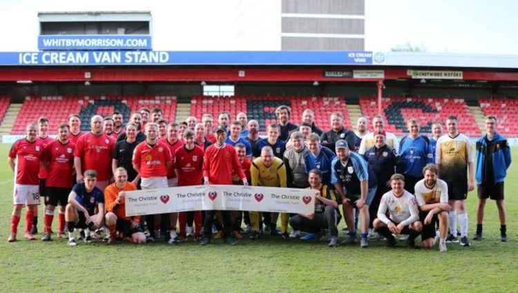 Players and officials take a bow after the Gresty Road fundraiser for The Christie (Photos: Jonathan White).
