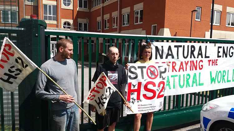 HS2 protestors gathered outside Natural England's offices on Crewe Business Park today.