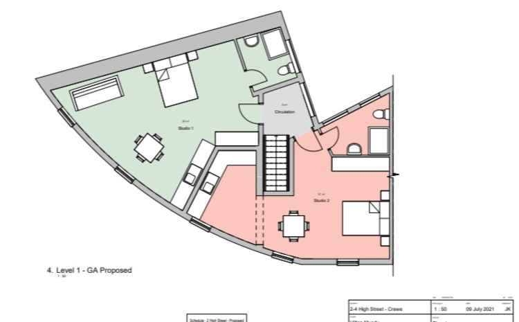 Design plan for studio flats on upper floor of former newspaper office.