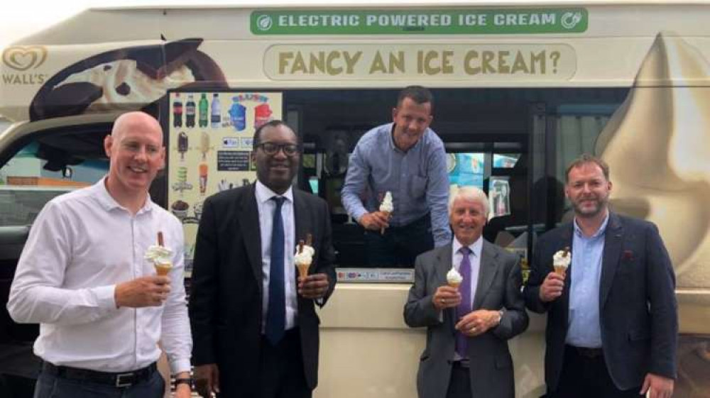 Business Secretary Kwasi Kwarteng MP (second left) with Kieran Mullan (far left), Ed Whitby (in van), John Dunning and Doug Kinsman (far right).