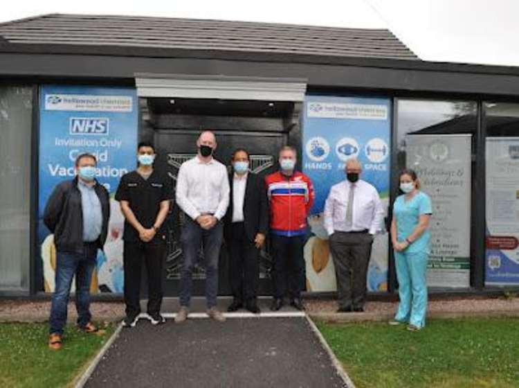 (L to r): Hall director Peter Johnson, clinical lead Janil Patel, Kieran Mullan, Hollowood Chemists CEO Raj Patel, Roger Morris,Hall Director David Blackhurst and Vaccination Centre Co-ordinator Claire Blakeman.