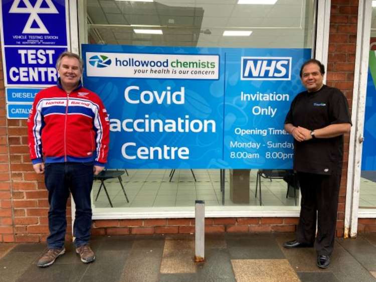 Roger Morris (left) and Raj Patel outside Crewe Honda Centre vaccination centre (Picture: Jonathan White)..