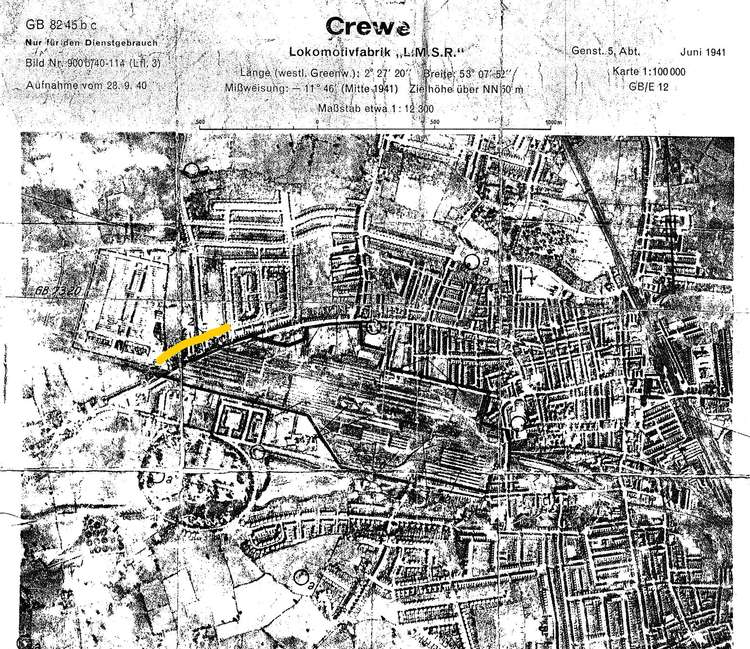 German reconnaissance photography of Crewe showing the wall on West Street (yellow) and Crewe Works.