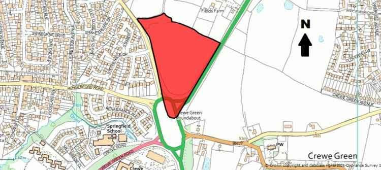 The proposed site (red) next to Crewe Green roundabout.