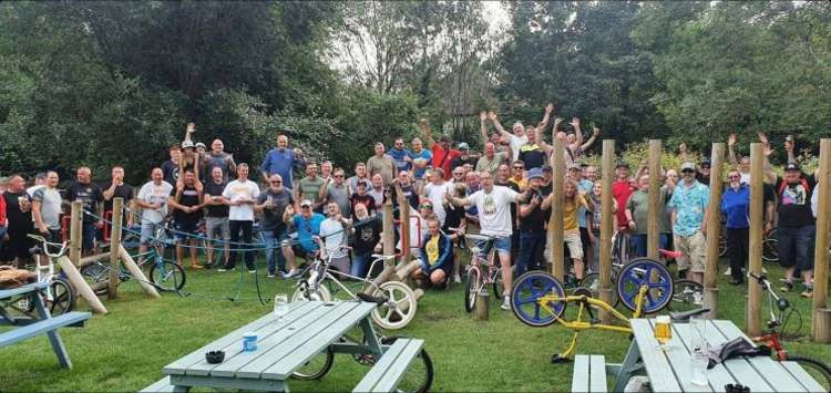 The BMXers stop off at the Woodside during the 'Old School Ride Out'.
