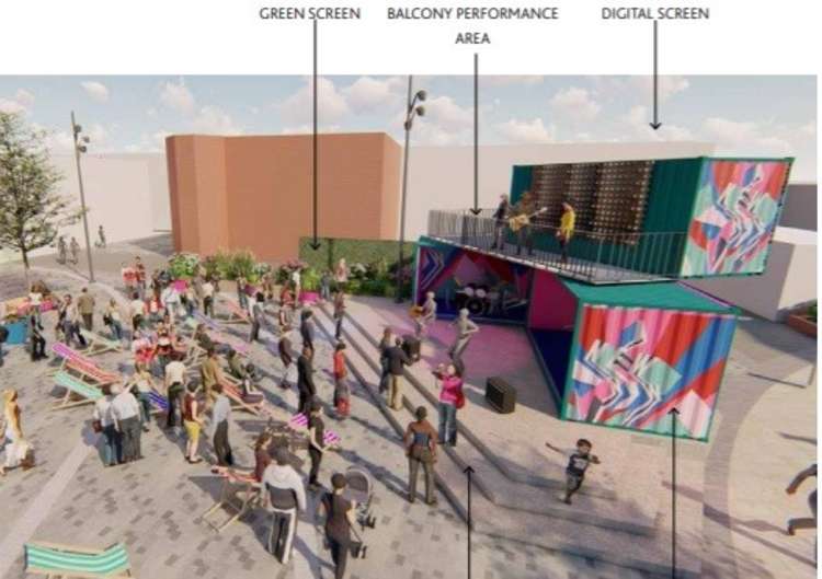 An elevated events stage made up of shipping containers is part of the plans for Lyceum Square.