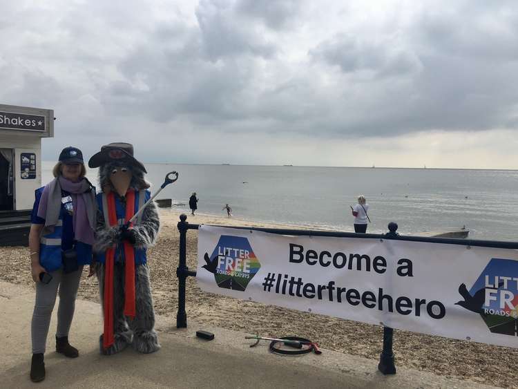 Debbie Bartlett and Orinoco with a litter picker, his debut at a Litter-free Felixstowe event