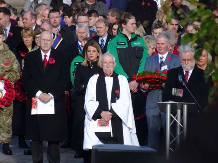 The Rev. Sambrook leads the Remembrance Sunday service on Memorial Square in Crewe.