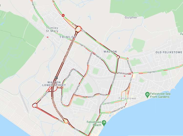 Much of Felixstowe was in traffic chaos