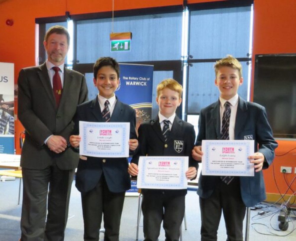 Intermediates winning team from Warwick school: Foteh Singh, Ralph Evans, Ignatious Walton–Hayfield with Warwick Rotary judge Jon Wassall.